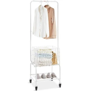 Metal Rolling Laundry Basket with Hanging Garment Rack Laundry Hamper Cart - Picture 1 of 7