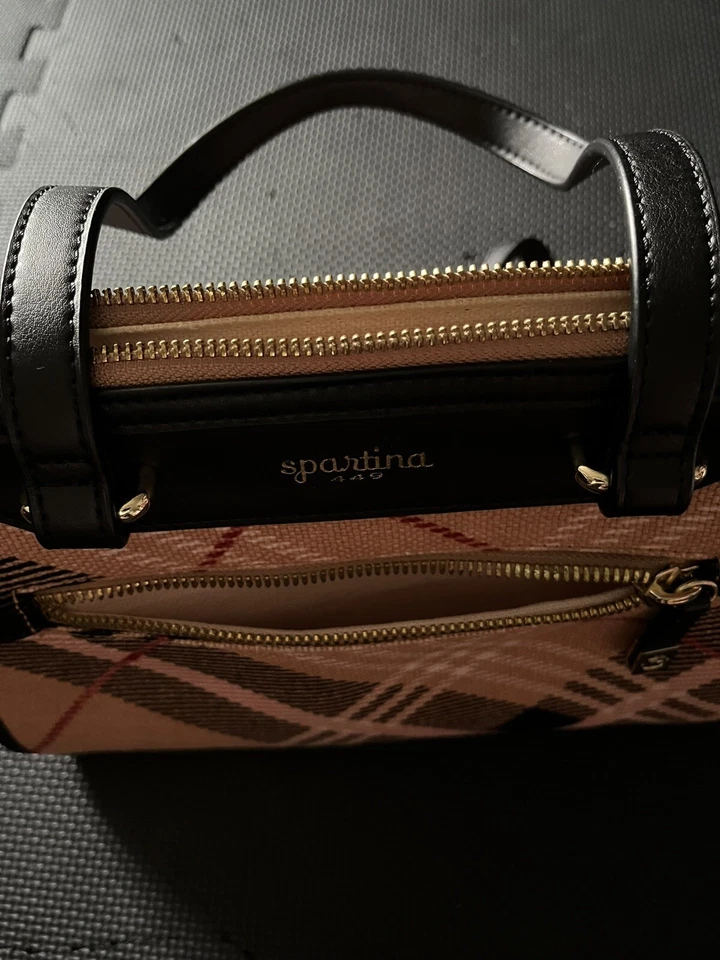 Spartina 449 Daufuskie Island Linen Leather Blush Plaid Black Trim Purse Telfair - Image 1 of 4