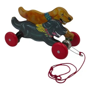 Vintage Schylling Holz Hunde Zugspielzeug Schwarz Labor Golden Retriever Glockenspiel - Bild 1 von 9