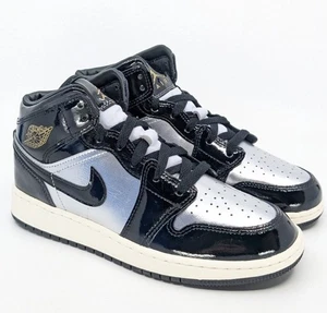 Air Jordan 1 Mid Retro Patent Leather Shoes Black Metallic Silver Youth 5.5Y New - Picture 1 of 10