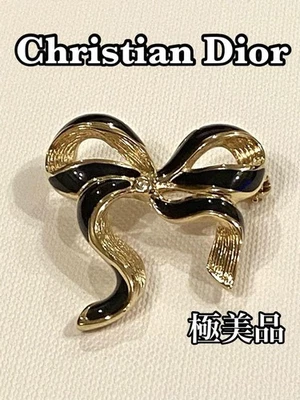 Christian Dior Vintage Gold Black Ribbon Brooch Crystal Elegant Jewelry - Image 1 of 4