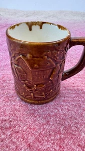 Vintage Brown Drip Glaze Relief Stoneware Mug – Cabin/Tavern Scene, 4” - Picture 1 of 6