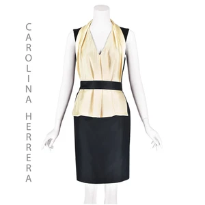 Carolina Herrera schwarzes Seiden-Cocktailkleid mit elfenbeinfarbenem Charmeuse-Latz Größe 4 neu mit Etikett - Bild 1 von 10