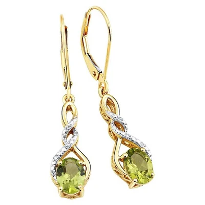 Peridot Earrings Dangle with Diamond Accent in Sterling Silver or 14kt Yellow... - Image 1 of 3