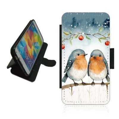 Christmas Robin Phone Case Wallet For iPhone Samsung flip Cover ROB1 - Image 1 of 4