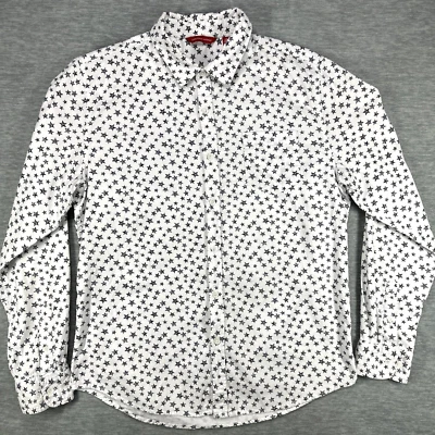 Saks Fifth Avenue Mens L Long Sleeve Button Up Shirt White Black Stars Pocket - Image 1 of 4
