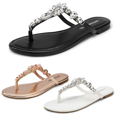 Chinelos femininos dos EUA strass tiras em T sandálias tanga para vestido de verão praia - Imagem 1 de 4