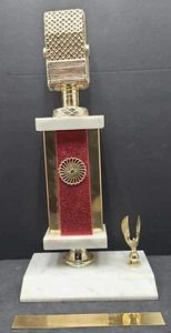 Red & Gold-Colored Trophy W/ Microphone & Eagle Toppers & Italian Marble Bases - Picture 1 of 23