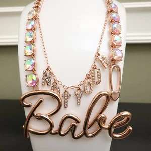 Betsey Johnson necklace Not Your Babe 2-in-1 layered AB crystals rose goldtone - Picture 1 of 7