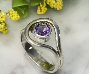 Vtg Sterling Silver 925 Purple Amethyst Modernist Band Ring Sz 7.5- 9 Adjustable - Picture 1 of 13