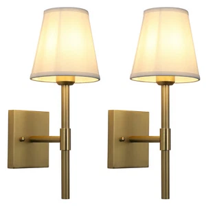 Set of 2 Vintage Wall Light Funnel Fabric Shade Sconce Lighting Bedside Lamp - Picture 1 of 36