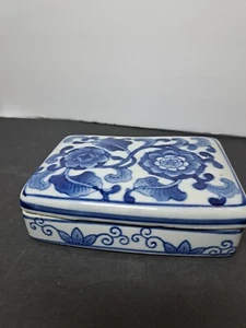  Blue and White Porcelain Trinket Box  4 3/4'' Long - Picture 1 of 7