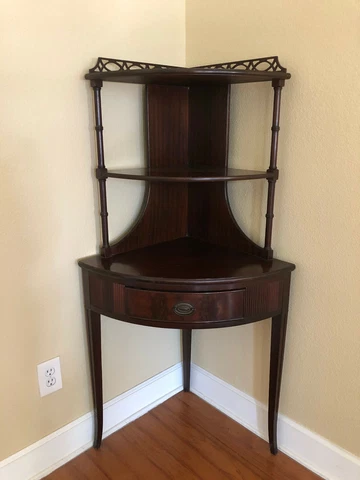 Antique Mahogany Corner Stand Curio Shelf 3 tier with Drawer Cover