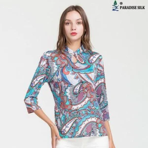 Natural Pure Silk Three-Quarter Sleeve Womens T-shirt Stand-up Collar Floral ... - Picture 1 of 8