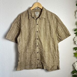 LL Bean Shirt Mens Medium M Khaki Tribal Button Up Short Sleeve Pattern Hawaiian