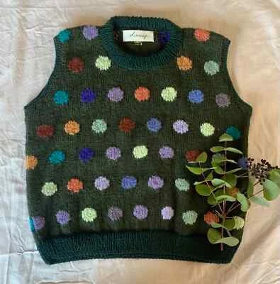 handmade polka dot dark olive woollen vest | top | jumper | size m - l - Image 1 of 2
