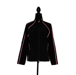 Vintage Oleg Cassini Sport Jacket L Black Pink Trim Stretch Zip Track Top - Picture 1 of 5