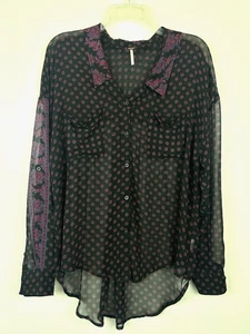 Free People top trasparente grande tunica blusa con bottoni nero bordeaux floreale boho - Foto 1 di 9