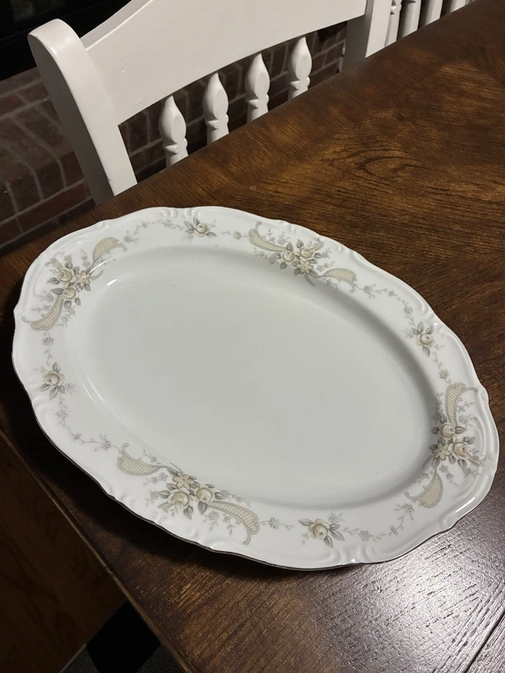 Ashcraft Serving Bowl Queen Anne" yellow roses gray leaves Japan - Image 1 of 1