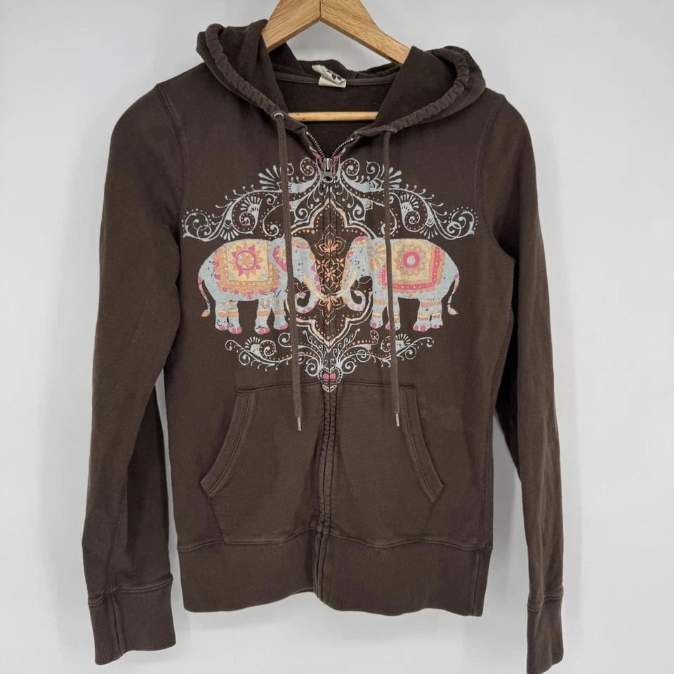 Vintage Lucky Brand Hoodie Women’s Small Brown Elephant Oriental Sweatshirt Y2K - Image 1 of 4