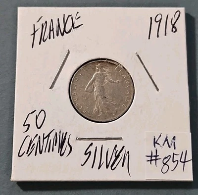 Moeda de prata (0,835) 1918 França 50 centavos (KM.#854) - Imagem 1 de 2