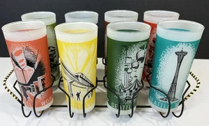 Vintage 1962 Seattle World's Fair Frosted Drinking Glass Tumbler Set of 8 Caddy - Picture 1 of 20