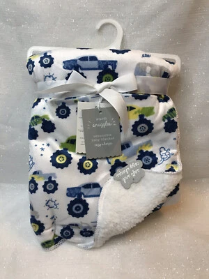 男宝宝白色双面怪物卡车夏尔巴婴儿毯蓝色绿色 30x36 — 第 1/4 张图片