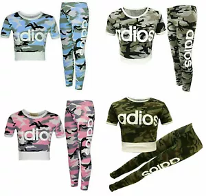 Girls Kids Adios Camouflage Tracksuit Children's Crop Top Leggings Set Age 5-13 - Picture 1 of 6