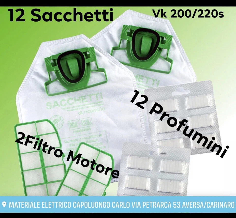 SACCHETTI FOLLETTO VK 200 VK 220S FP 12 SACCHI + 12 PROFUMI + 2 FILTRO MOTORE - Immagine 1 di 1