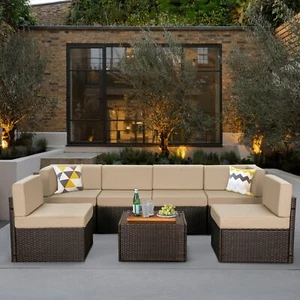 7 Pieces Patio Sofa Set PE Rattan Outdoor Furniture Sectional Conversation Sofas - Picture 1 of 72