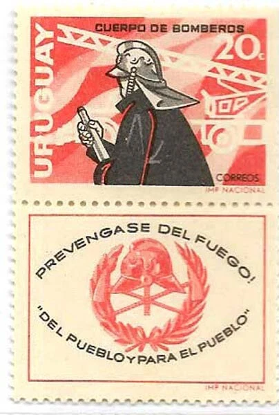 #21004 URUGUAY 1966 FIREMEN,FIRETRUCK SPECIAL TRANSPORT WITH LABEL YV 746 MNH - Image 1 of 1