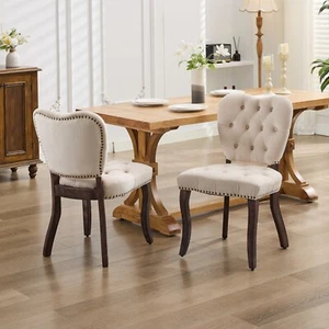 Set of 2 Dining Chairs Beige Velvet Button Tufted Upholstered Kitchen Chairs - Picture 1 of 12