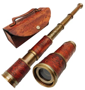 Estuche telescopio de latón en cuero pirata marino vintage mira marinero regalo antiguo - Imagen 1 de 5