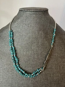 VTG Turqoise Beaded Necklace With Feather Charm Necklace double strand signed - Picture 1 of 5