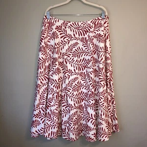 New!! Size 14 White Skirt Red Leaf Print Midi Linen Blend Pockets Modest Holiday - Picture 1 of 10