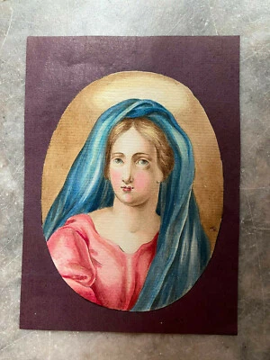 ::PORTRÄT 19 JHR. AQUARELL MARIA ? MADONNA ANDACHT GEMÄLDE KIRCHE BLAUES TUCH - Bild 1 von 4