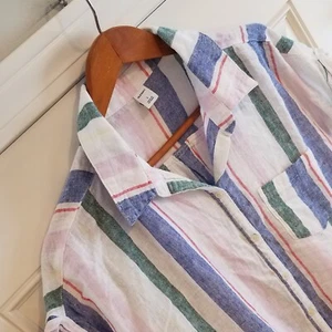 Old Navy Top Womens Large Button Up Hem Tie Linen Blend Blouse Striped II-21 - Picture 1 of 9