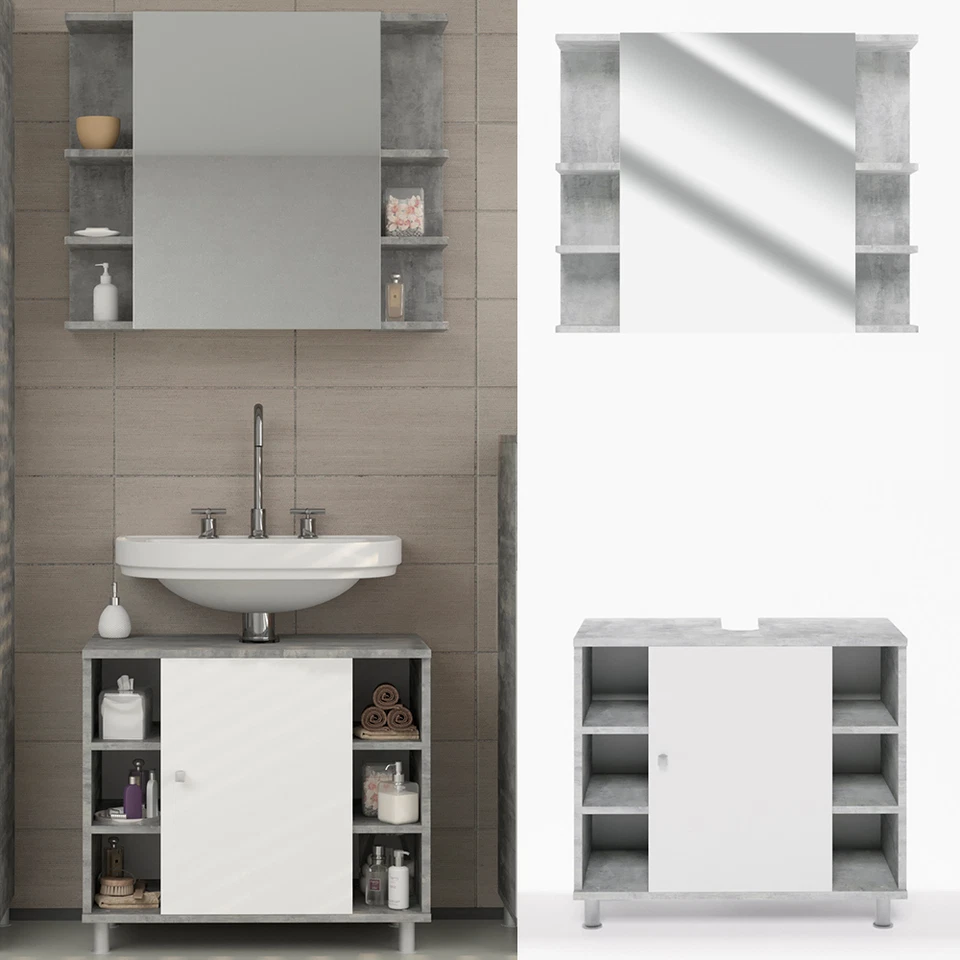 Bad Spiegel Waschtisch Unterschrank Badschrank Badmöbel Set Fynn Beton Vicco - Bild 1 von 1