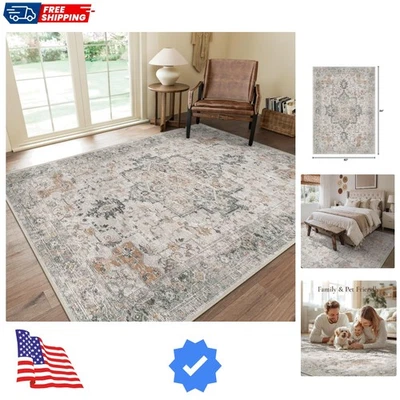 Light Taupe 5X7 Area Rug - Soft Chenille Vintage Design with Non-Slip Backing - Image 1 of 4