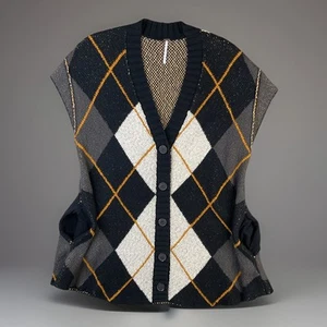 Free People Swingin Swing Mini Sweater Dress Exploded Argyle Oversized Women XS - Picture 1 of 9