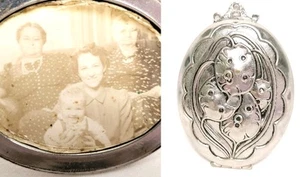 Antico medaglione vittoriano ART NOUVEAU argento doppio foto e 2 foto grande fiore - Foto 1 di 9