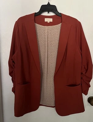 SKIES ARE BLUE Raja Collarless Blazer Burnt Orange Size XL Ruched Sleeve Stretch - Image 1 of 4
