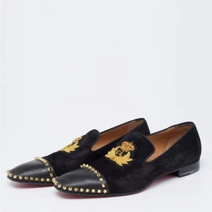 CHRISTIAN LOUBOUTIN Captain Loubi Velvet Crest Loafer Patent Spike Black Sz 43.5 - Picture 1 of 10