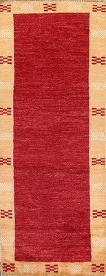 Rot Wolle Gabbeh Orientalisch 2.4m Teppich Läufer Handgeknüpft Modern Flur 3x8 - Bild 1 von 4