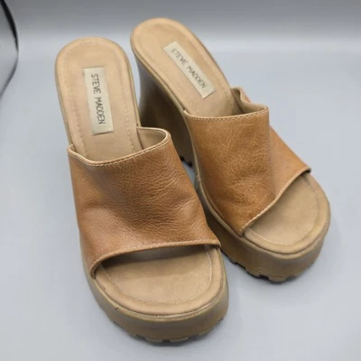 Vintage Y2K Steve Madden Ginnie Sandals Womens 8 Tan Leather Platform Wedge Lug  - Image 1 of 4