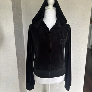Juicy Couture Black Velour Cropped Tracksuit Jacket Zip Up Hoodie Size Medium - Picture 1 of 8