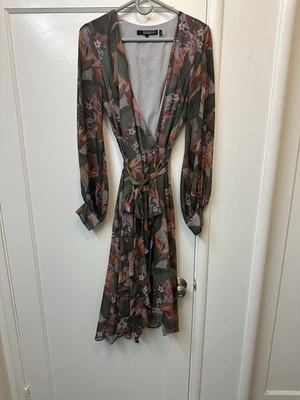 Badgley Mischka Floral Wrap Dress Fall Colors Silky Sz 6 Belted Sheer Romantic - Image 1 of 4