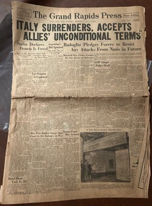 Vintage Newspaper Grand Rapids Press September 8 1943 WWII Italy Surrender Stali - Picture 1 of 3