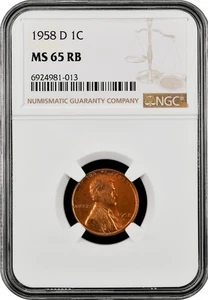 1958 D Lincoln cent graded by NGC MS 65 RB - Picture 1 of 2