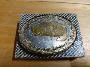 Fibbia cintura ovale western metallo misto pesce basso grande montatura marcata W USA - Foto 1 di 5